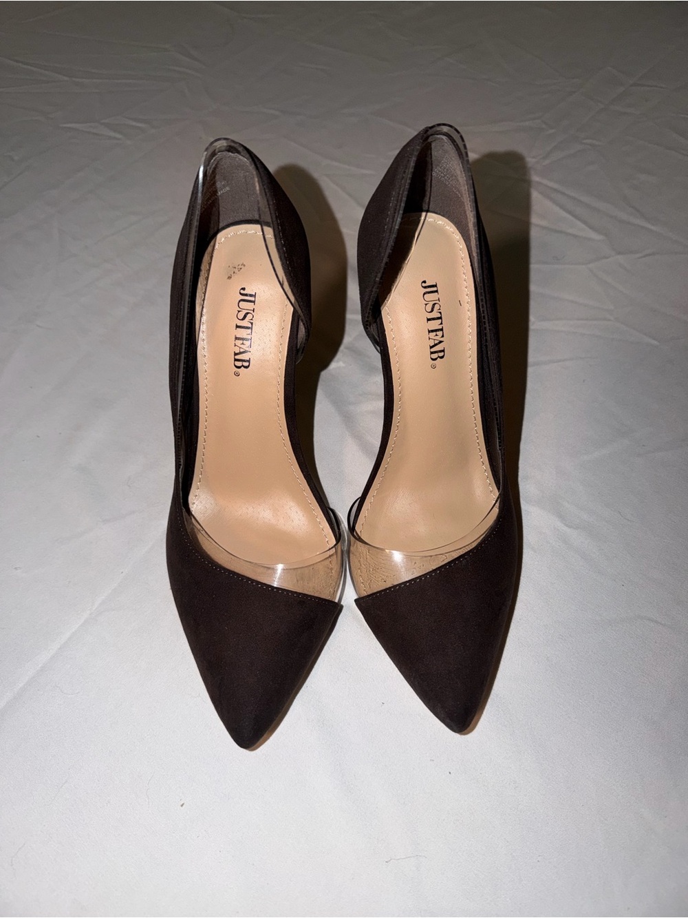JustFab Dark Brown Pointed Pumps with Clear Vamp detailing high heels